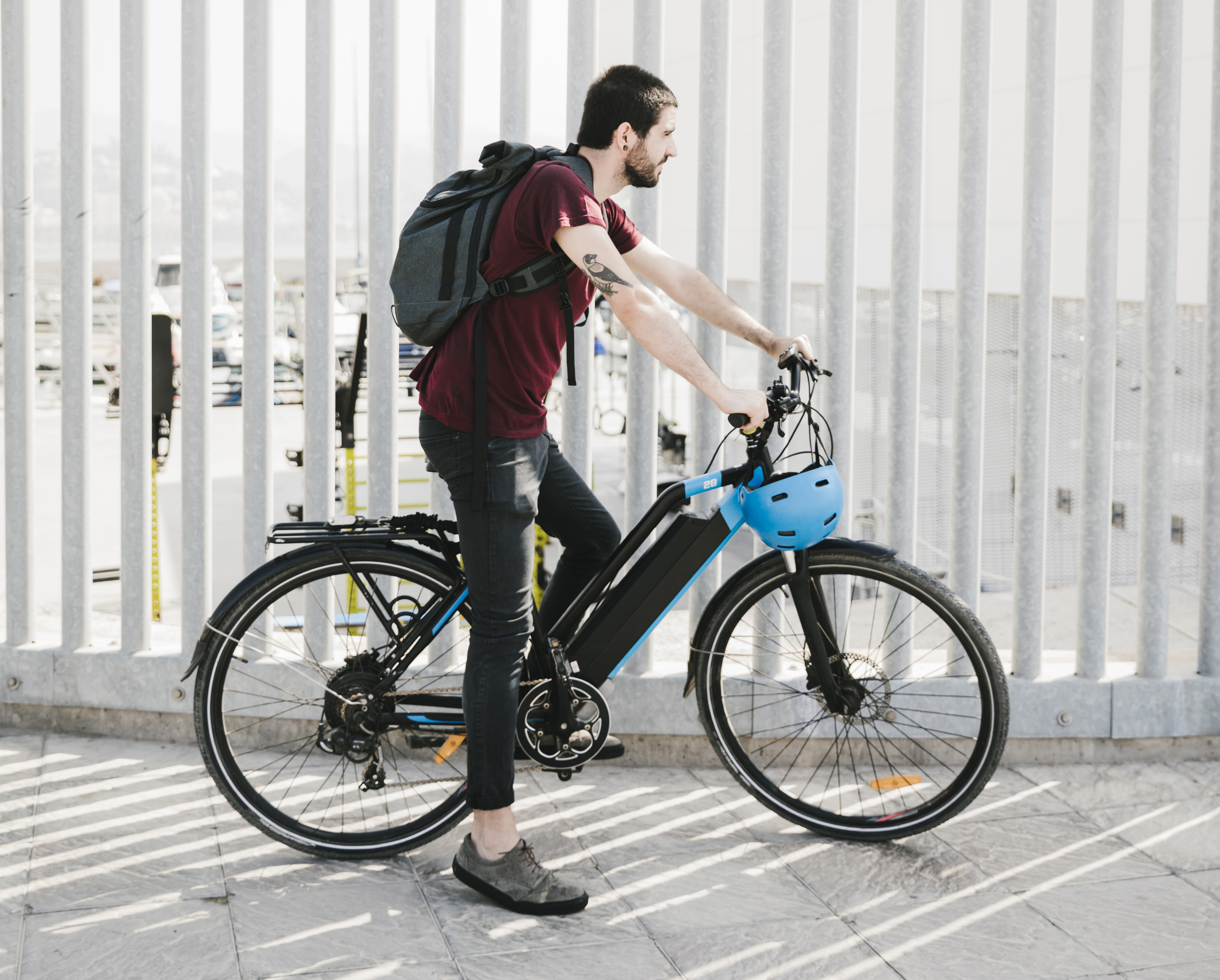 cyclist taking break on e bike